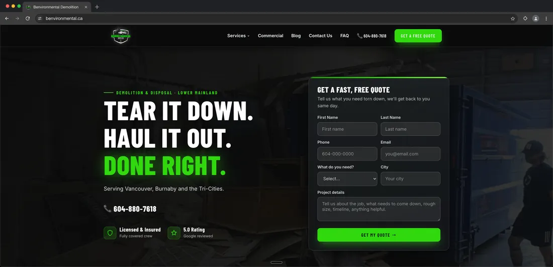Benvironmental Services website after the Ezeey rebuild